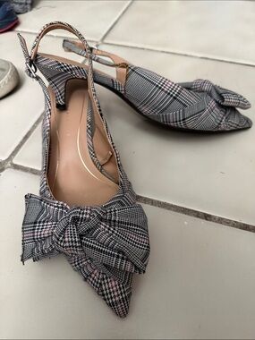 Zara Traffaluc 37 Pointed Slingback Heels with Bow Detail in Black/Gray Plaid